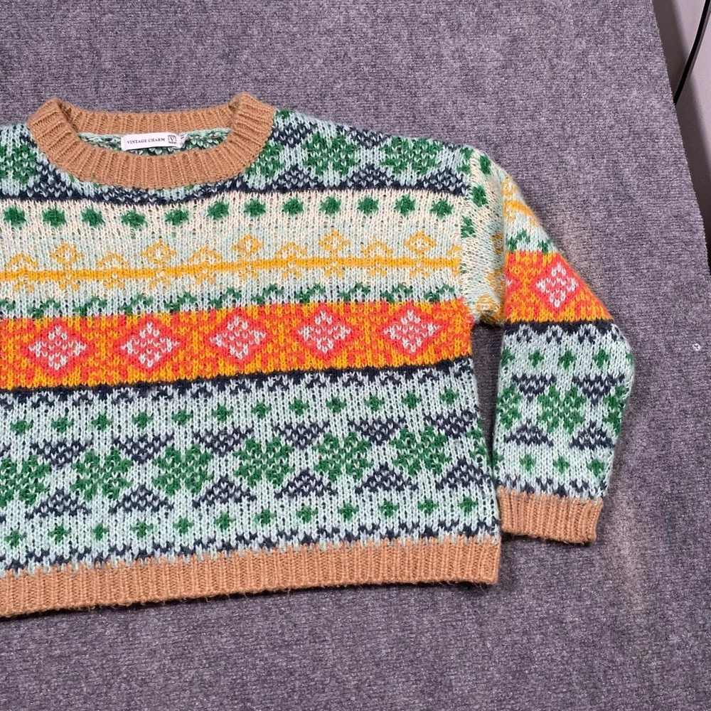 Vintage Charm Fair Isle Sweater Men Size S M Green Orange Geometric Knit‎